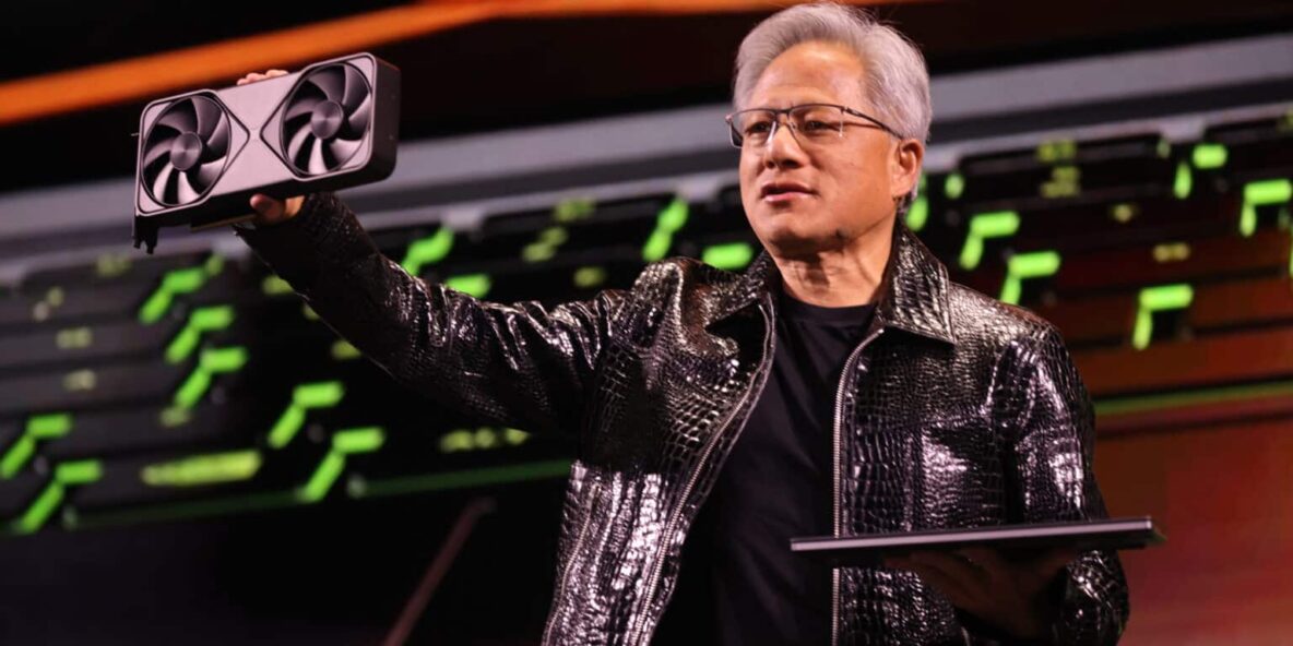 nvidia jensen huang holding up rtx 5080 gpu